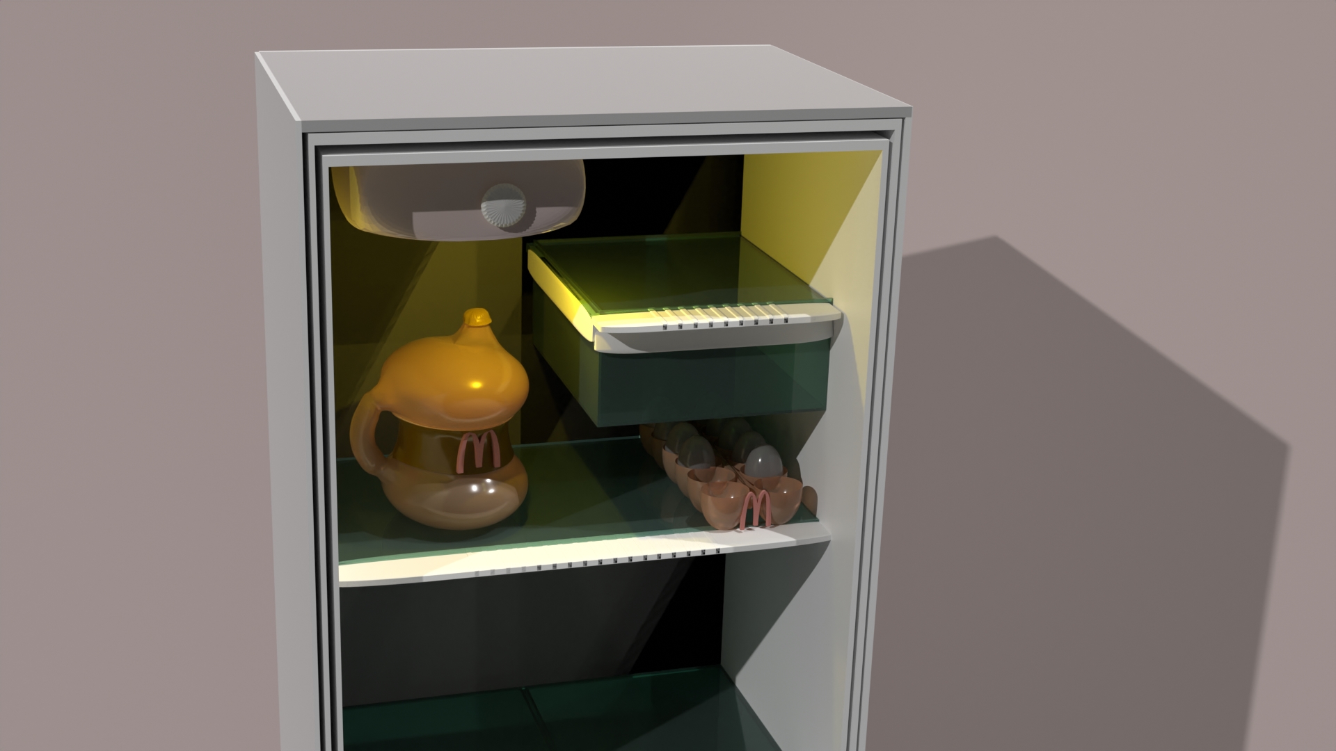 a 3d render of an interior of a fride featuring a dozen eggs from mcdonals and a gallon of mcdonalds brand milk. in a soft pink and blue colorway no mcdonalds colors